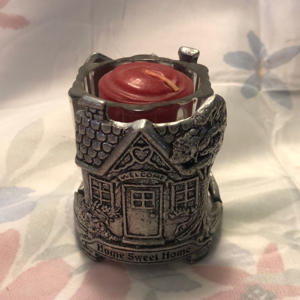 Vintage 1996 Carson Pewter Candle Holder "Home Sweet Home" w/votive&candle 3x3